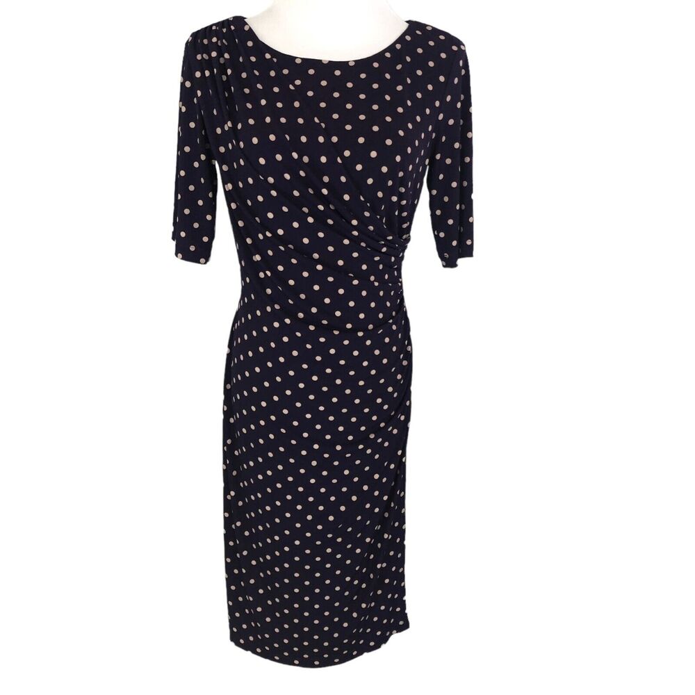Connected Slinky Draped Career Sheath Dress Stretch Knee Length Size 6 Polka Dot